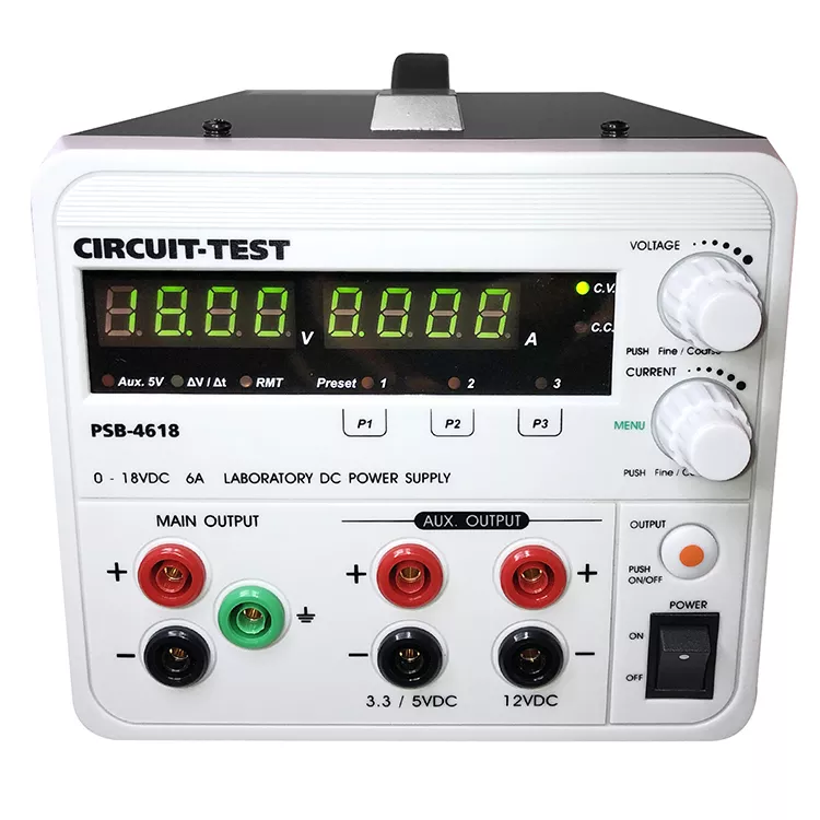 PSB-4618 - Triple Output - Linear (18VDC/6A, Fixed 3.3 or 5VDC @0.8A & 12VDC @0.8A), Remote Prog.