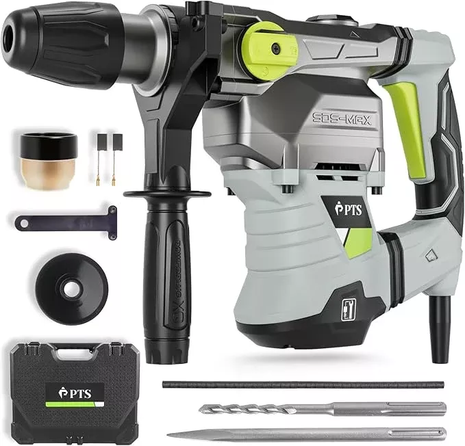 PTS 1-9/16 Inch SDS-Max Rotary Hammer, 13.5 Amp Heavy Duty 3 Functions Corded Concrete Demolition Hammer, w/Vibration Control & Safety Clutch, Includes Drill Bits, Chisels, Carrying Case (Green)