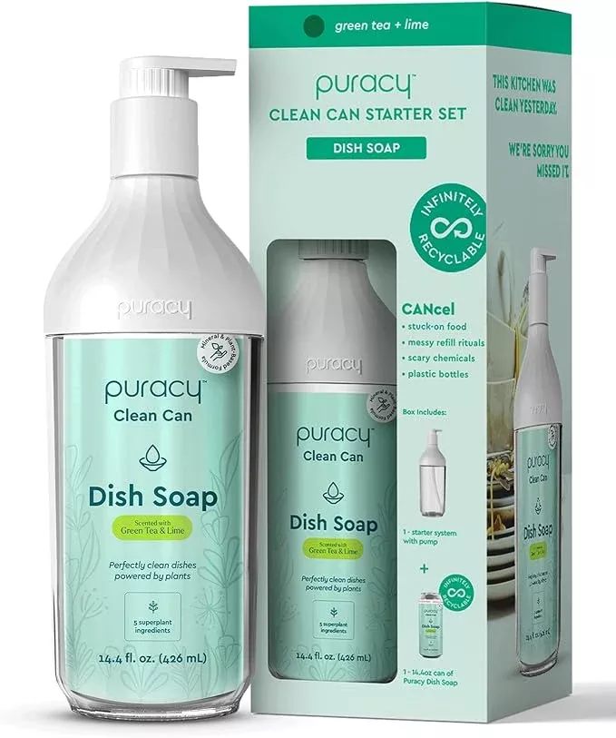 Puracy Natural Dish Soap Clean Can Starter Set - Plant-Based Dishwashing Soap, Non-Toxic Dish Soap, Natural Liquid Dishwashing Detergent Soap As Seen on TikTok (Green Tea & Lime, 14.4 fl oz)