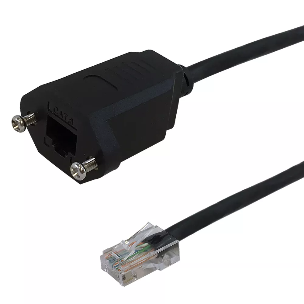 RJ45 Cat6 UTP Male to Panel Mount Female CableFT4/CMR - Black -1 ft