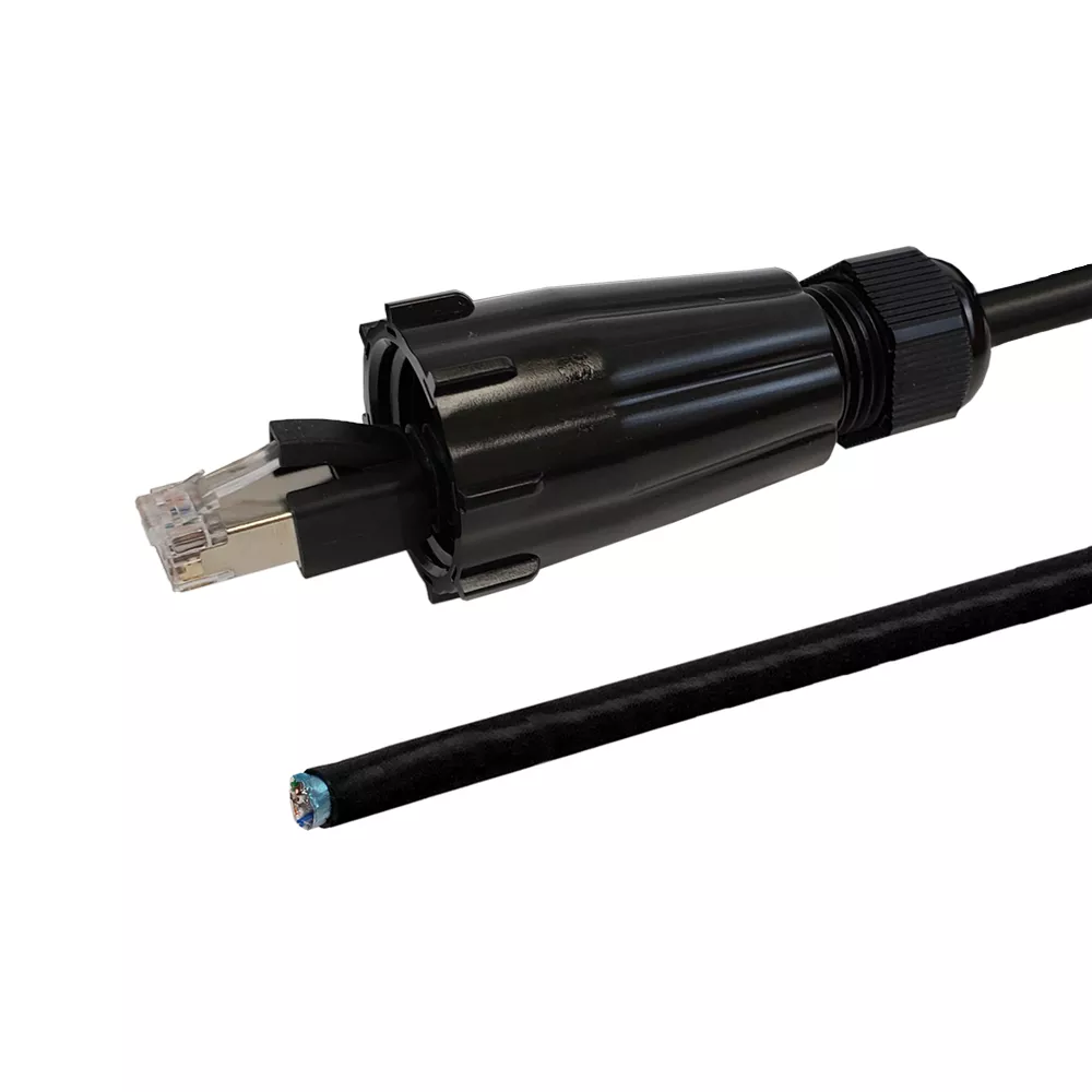 RJ45 Male with IP68 Shroud to Blunt Cat5E Solid Shielded FTP Outdoor UV/Direct- 16 ft - 568A