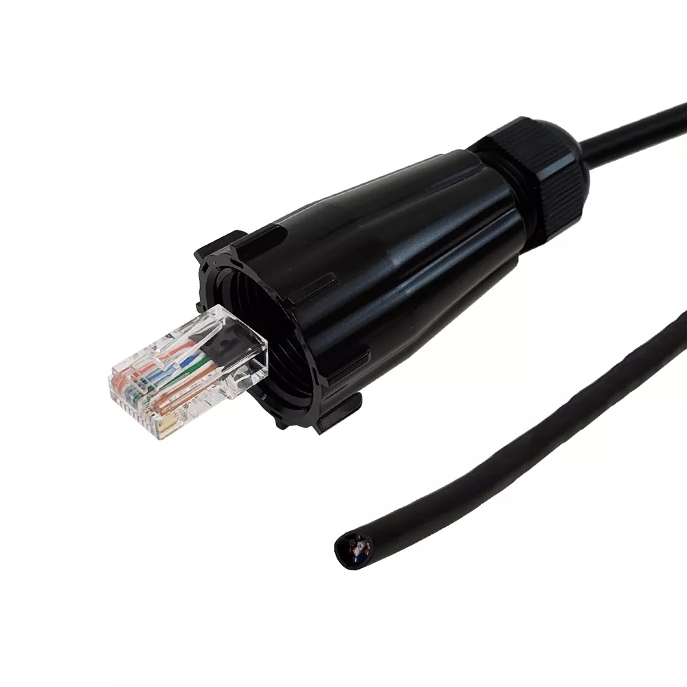 RJ45 Male with IP68 Shroud to Blunt Cat5E Solid UTP Gel Filled Outdoor UV/Direct- 100 ft - 568A