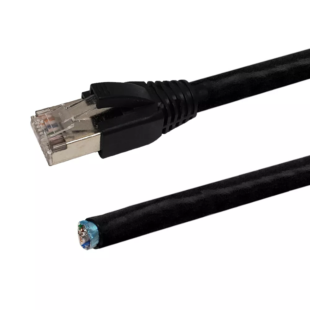 RJ45 to Blunt Cat5E SolidshieldedFTP Outdoor UVDIRECT Burial Pigtail Cable - Blk- 100 ft - 568A