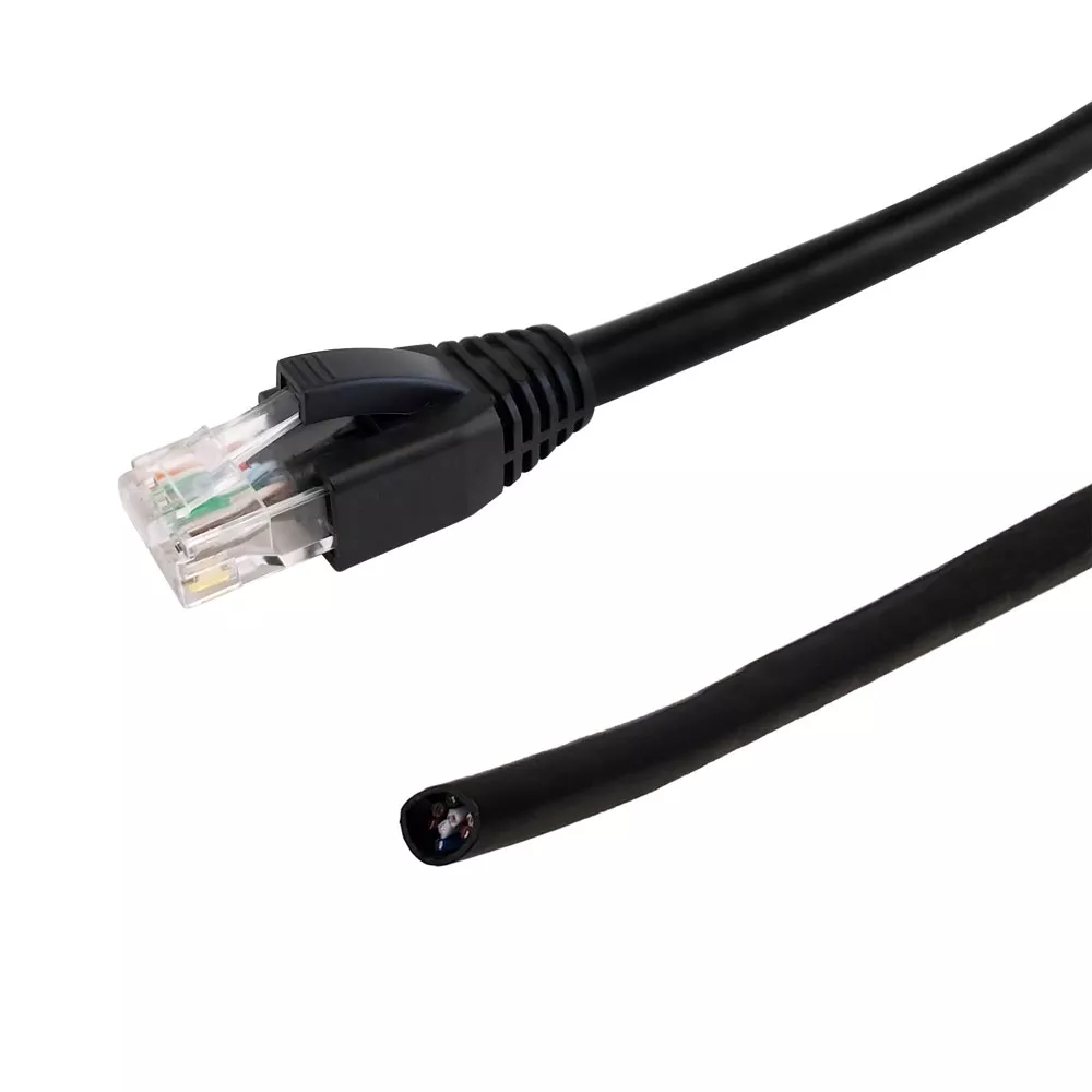 RJ45 to Blunt Cat6 Solid UTP Gel Filled Outdoor UV Direct Burial Pigtail Cable - Blk - 21 ft - 568A
