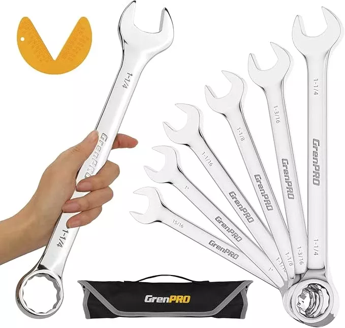 SAE Wrench Set, Large Wrench Set, 7-Piece 15/16″, 1", 1-1/16", 1-1/8", 1-3/16", 1-1/4" Long Big Open End Wrench Tools Set Roll Up Pouch Organizer with Gauge, 12 Point Combination Wrenches Sets