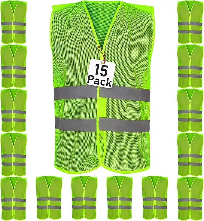 Safety Vest - 10 Pack and 15 Pack - High Visibility Vest for Everyday Use, Lightweight, Comfortable and Breathable
