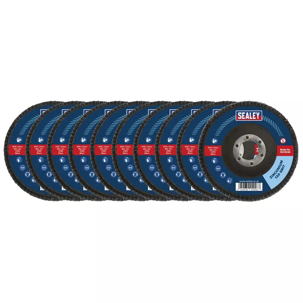 Sealey 120Grit Flap Discs Zirconium Ø115mm Ø22mm Bore - Pack of 10