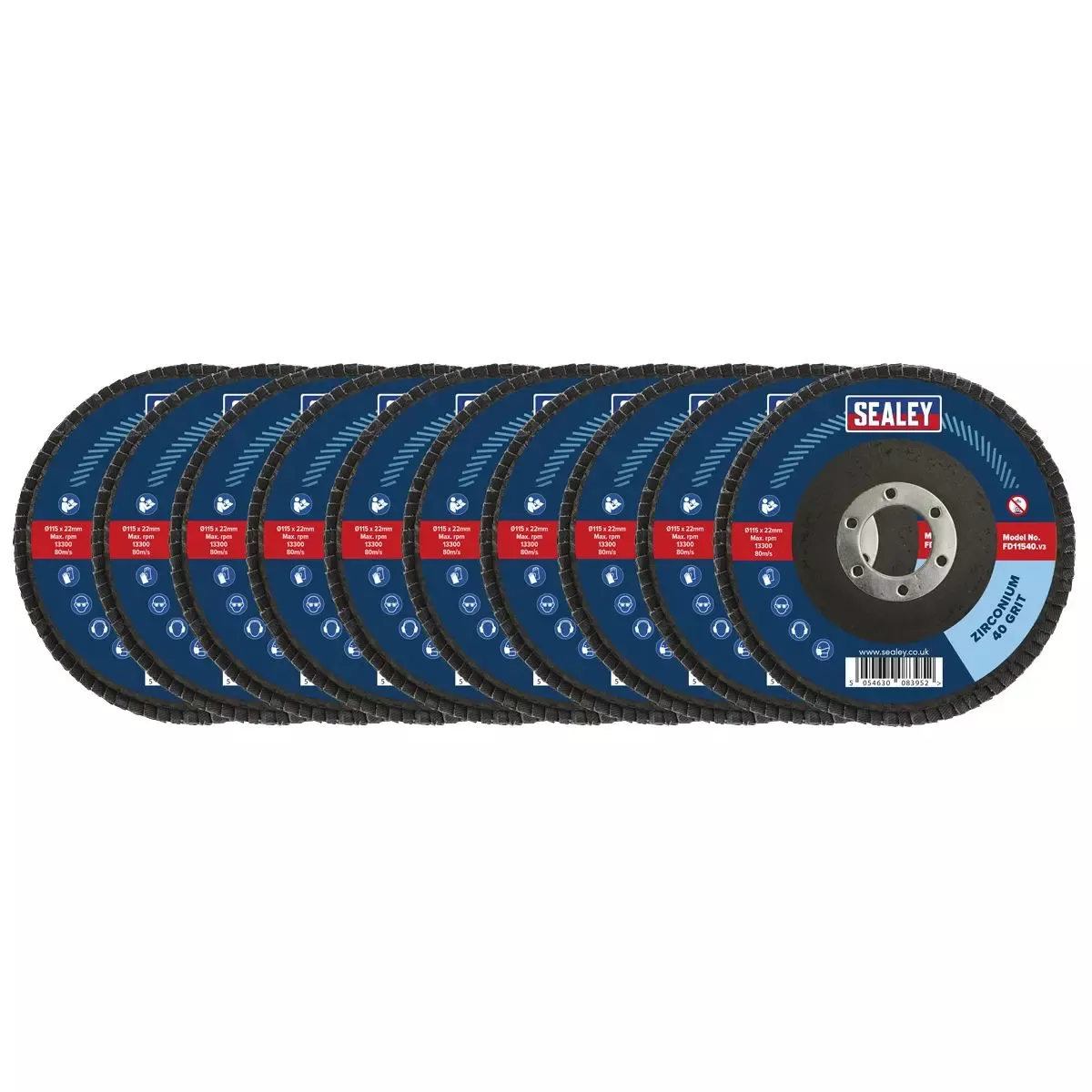 Sealey 40Grit Flap Discs Zirconium Ø115mm Ø22mm Bore - Pack of 10