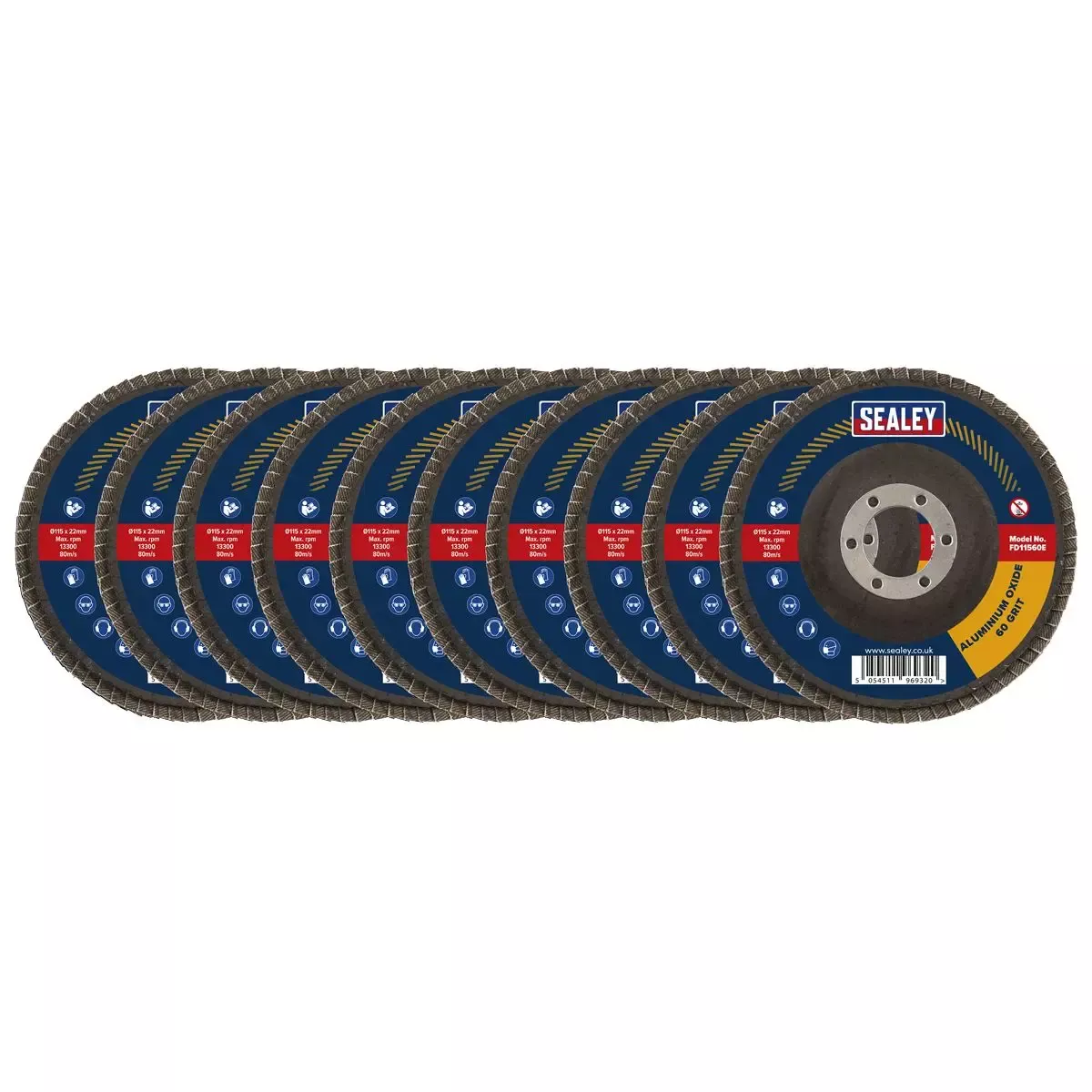 Sealey 60Grit Flap Discs Aluminium Oxide Ø115mm Ø22mm Bore - Pack of 10