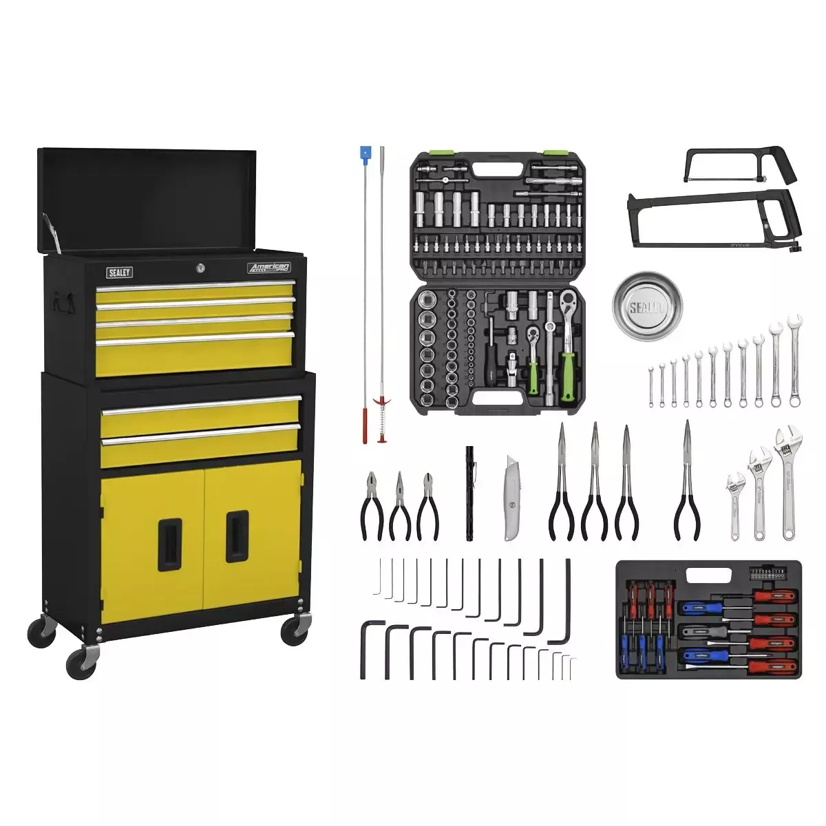 Sealey American Pro Topchest & Rollcab Combination 6 Drawer with Ball-Bearing Slides - Orange/Black & 170pc Tool Kit