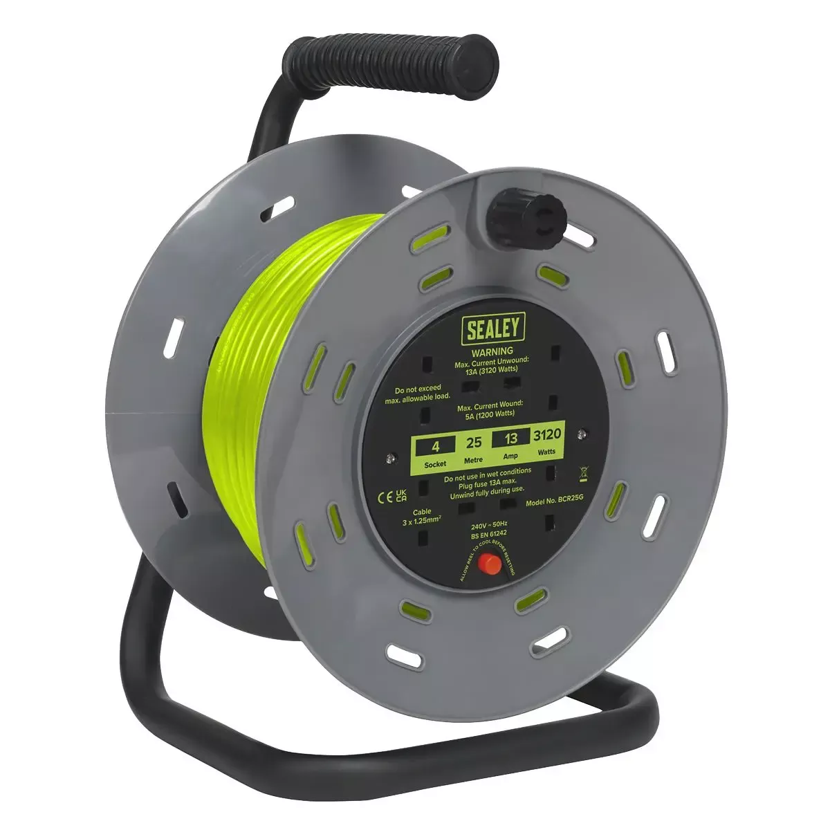 Sealey Cable Reel with Thermal Trip 4 x 230V Sockets 25m - Green