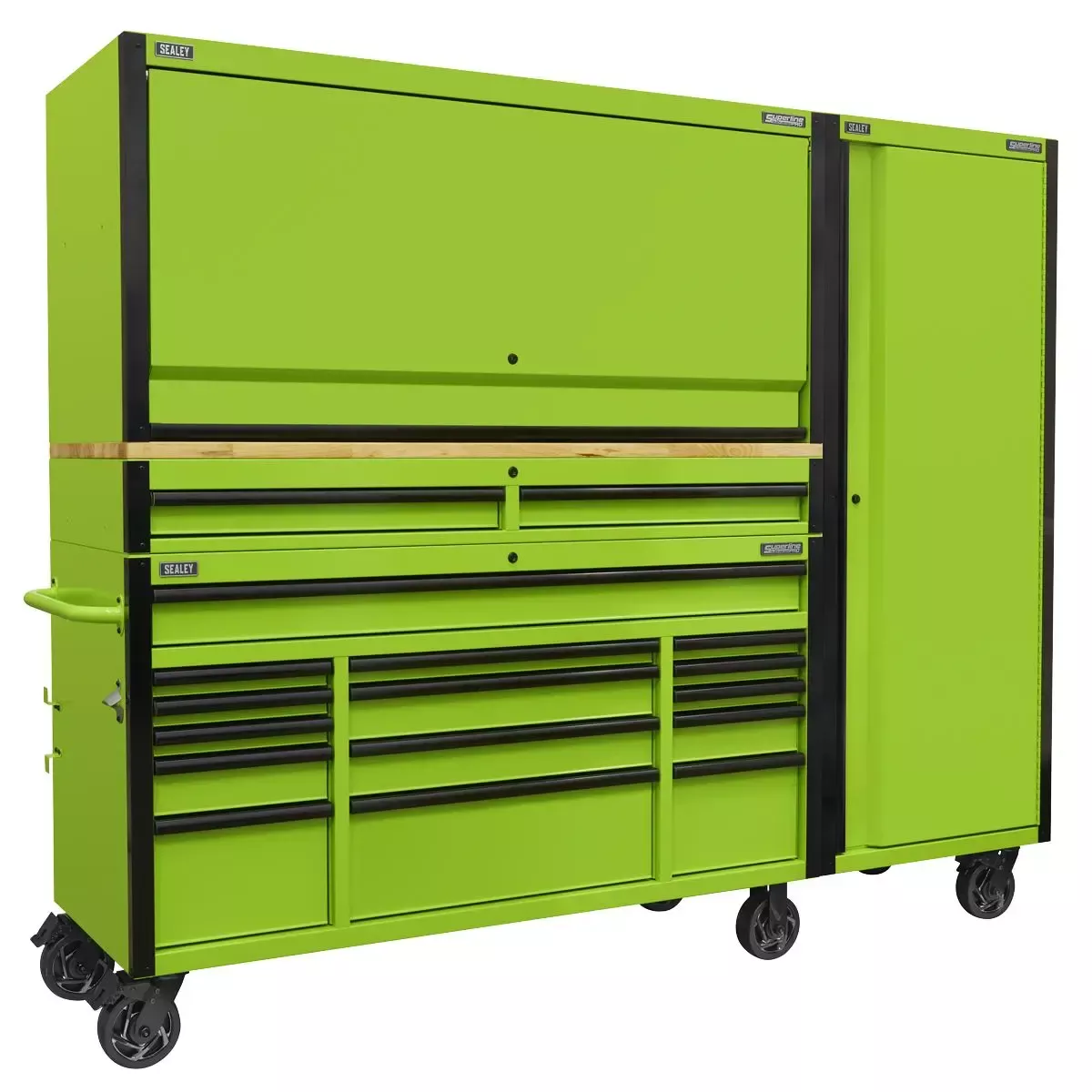 Sealey Superline Pro 15 Drawer 1549mm Mobile Trolley with Wooden Worktop and Hutch and 2 Drawer Riser