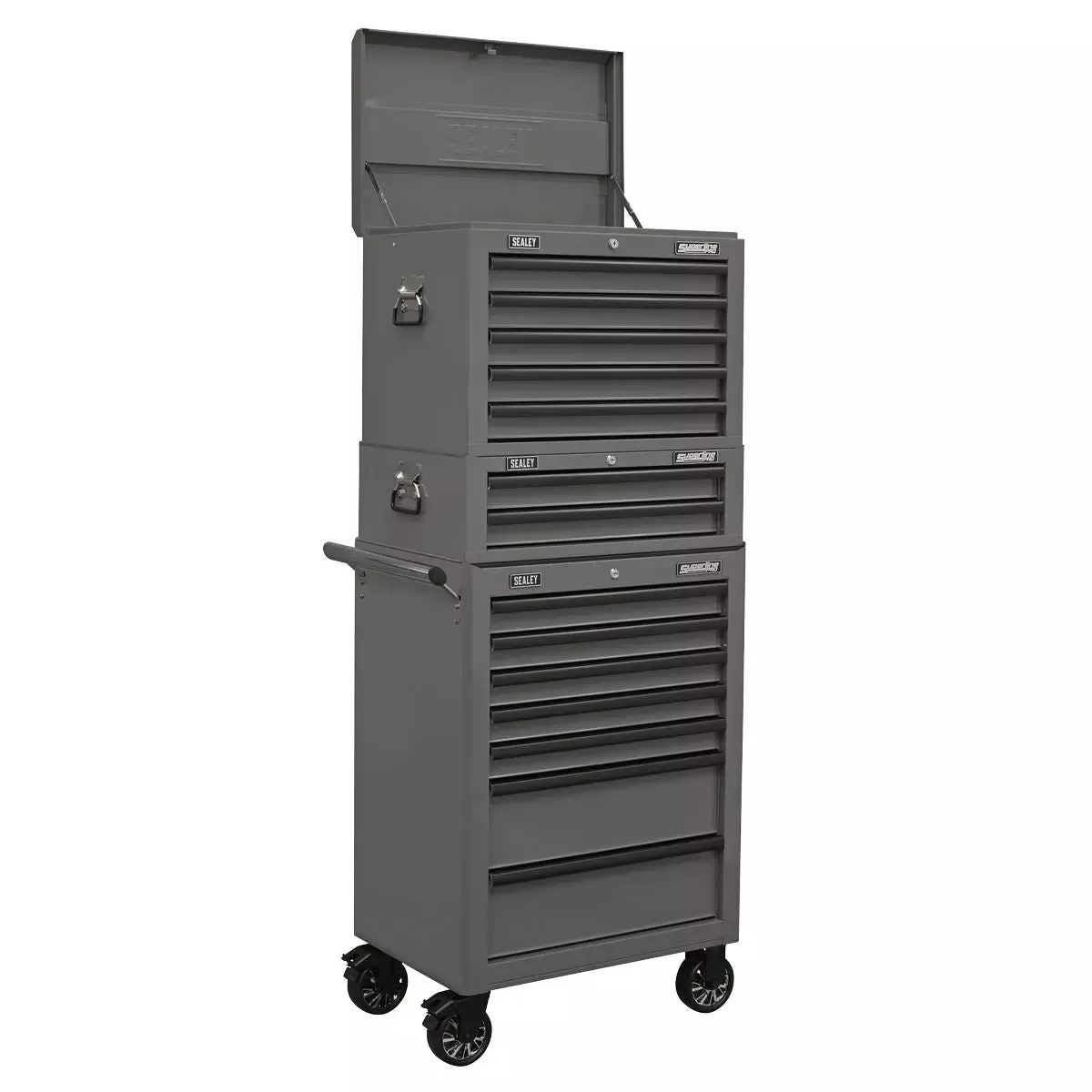 Sealey Superline Pro Topchest, Mid-Box Tool Chest & Rollcab Combination 14 Drawer with Ball-Bearing Slides - Green