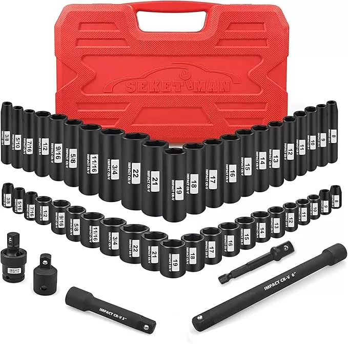 SEKETMAN 3/8-Inch Drive Impact Socket Set,49 Pieces,SAE/Metric,Deep/Shallow,(5/16"-3/4",8mm-22mm),6 Point,CR-V Steel,Includes Extension Bar,Adapter and Universal Joint