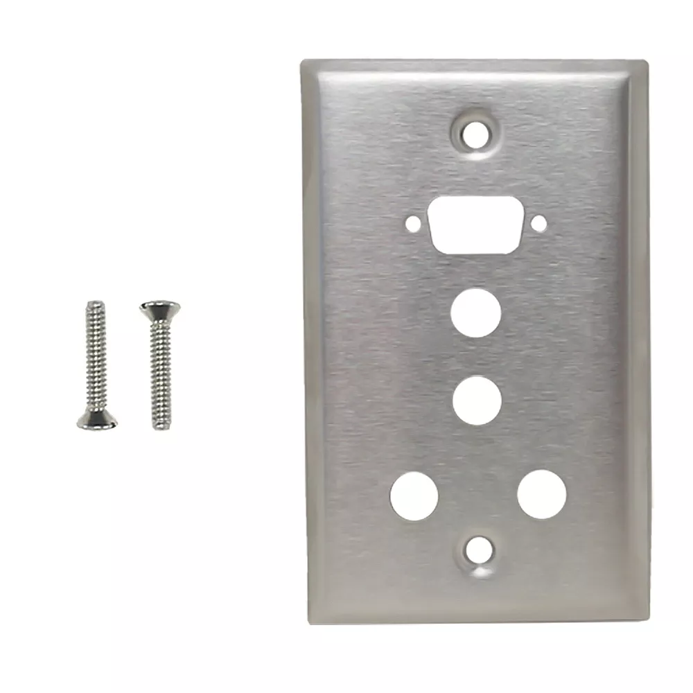 Single Gang, 1 X DB9 Size Cut Out, 4 X 3/8 Inch Hole Stainless Steel Wall Plate