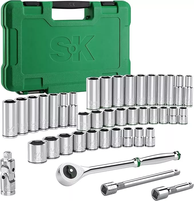 SK 3/8" Drive Socket Set with 216-P Quick-Release Ratchet, 41-Piece, SAE & Metric, SuperKrome Finish, Premium CR-V Construction, with Storage Suitcase