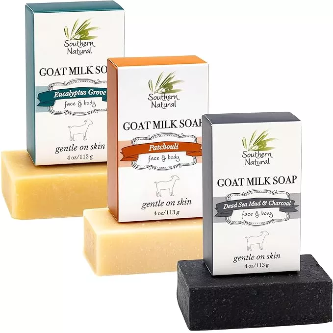 Southern Natural Goat Milk Soap Bar (Variety 3 Pack) Dead Sea Mud & Charcoal, Patchouli, Eucalyptus Grove - For Dry Sensitive Skin. Great For Face and Body.(Each Bar 4-4.5 oz)