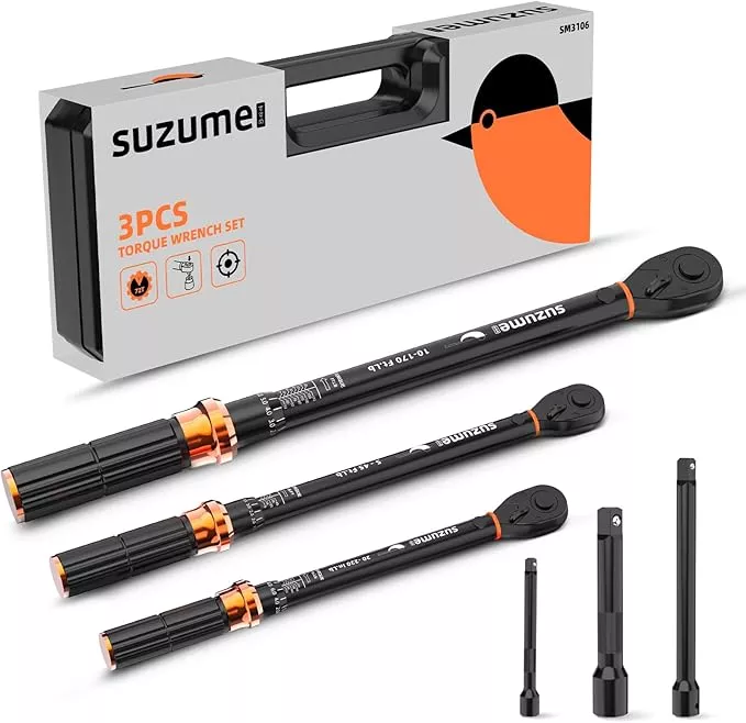 SUZUME 3PCS Torque Wrench Set 72 Teeth Dual-Direction Adjustable Torque Wrench Dual-Scales 1/4 & 3/8 & 1/2-Inch ±3% Accuracy Click Torque Wrenches for Bicycle, Motorcycle, Car,Maintenance