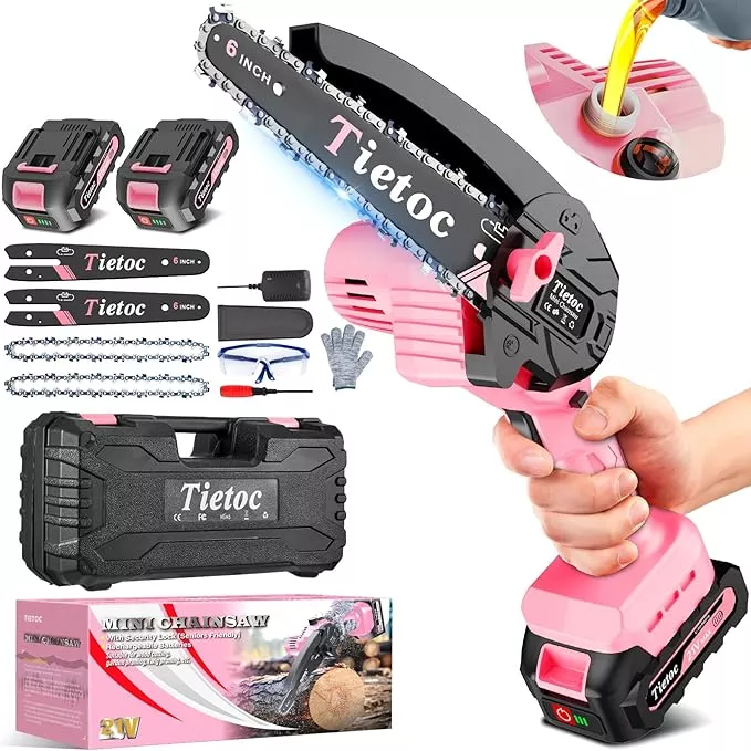 Tietoc Pink Mini Chainsaw 6 Inch Cordless, Portable Electric Chain Saw Small Handheld Battery Powered Super Saws, Tools for Household & Garden, Valentine's Day Gifts for Her Him Women Mom Mothers 2025