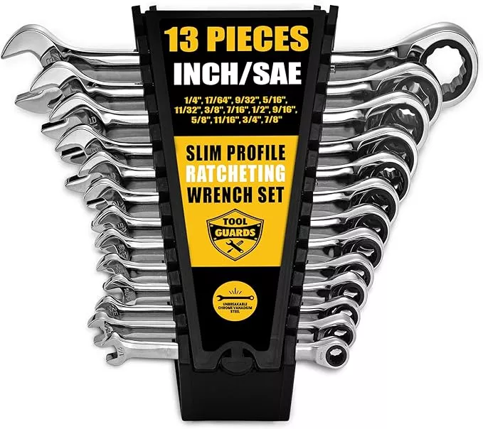TOOLGUARDS Ratcheting Wrench Set 13pcs - Standard - With Rack Organizer - Wrenches - Combination Ratchet Wrench Set - 100% Lifetime Satisfaction Guarantee