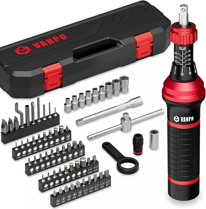 Torque Screwdriver, 64 Pcs 10-70 Inch Pound Torque Screwdriver Set with T-Bar & S2 Bits, Accurate 1/4" Small Torque Wrench Screwdriver for Bike, Scope Mounting & Device Assembly
