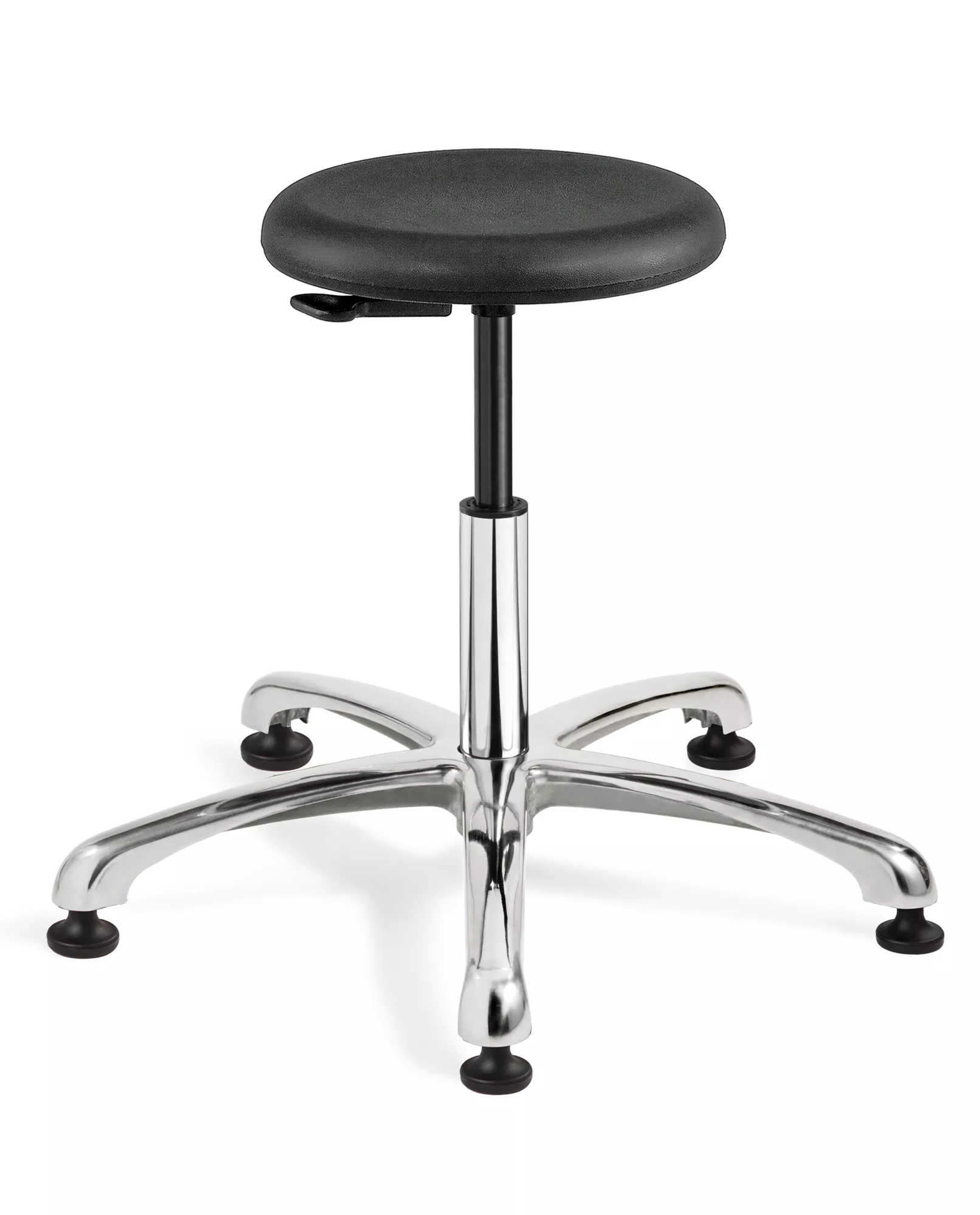 Versa Desk Height ISO 4 Cleanroom Black Polyurethane Backless Stool; Polished Aluminum Base