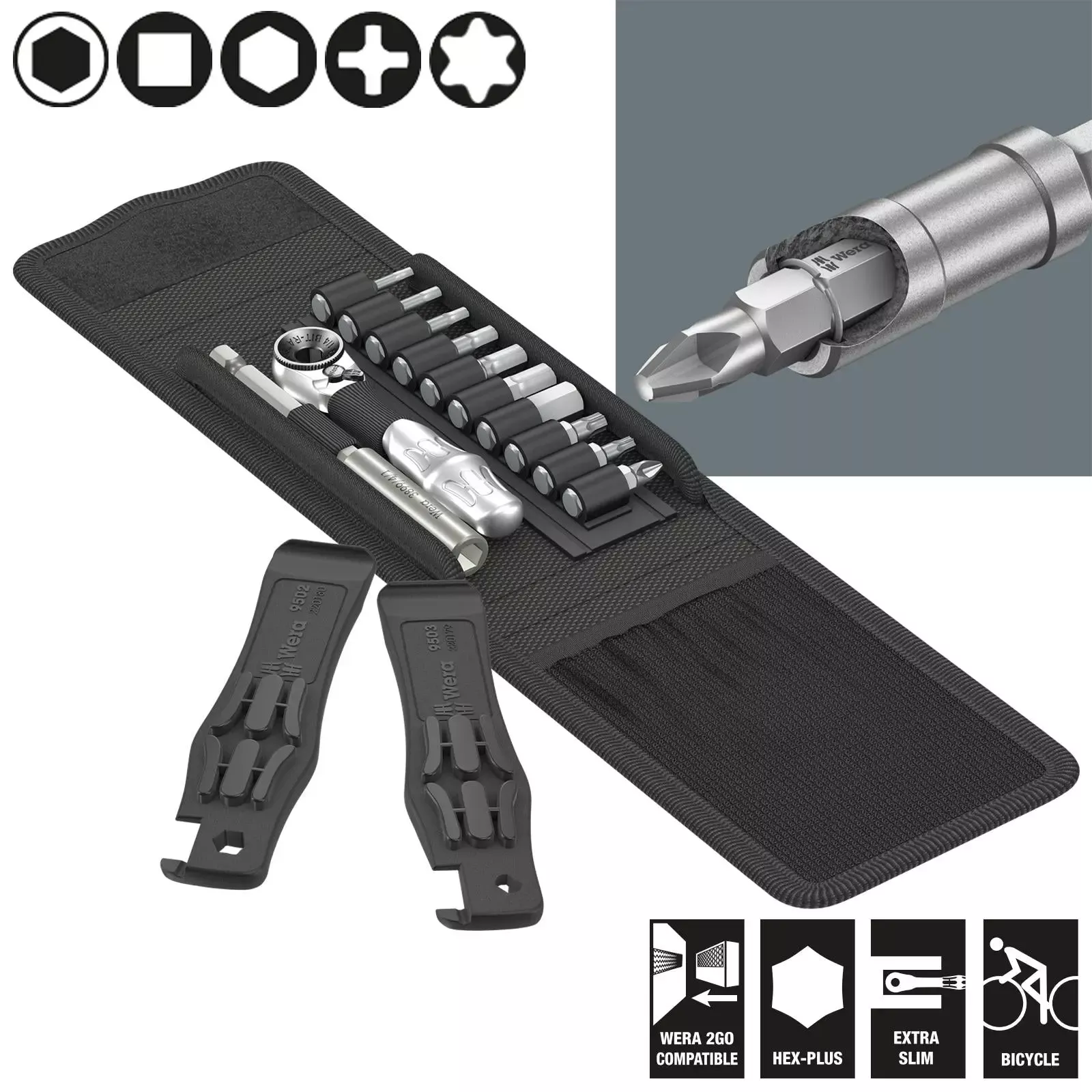 Wera Bicycle Set 1 14 Piece Tyre Levers 1/4" Hex Ratchet and Screwdriver Bits