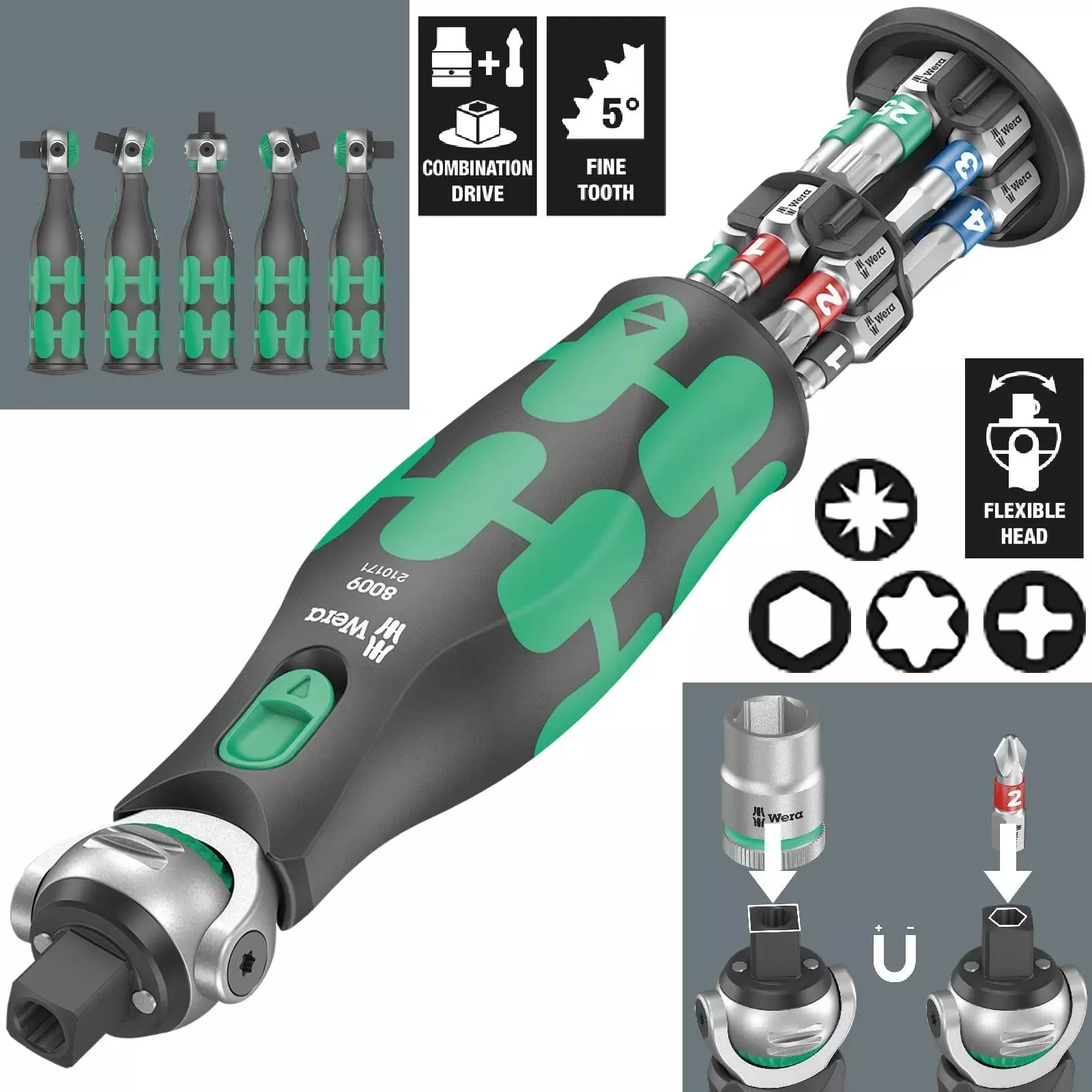 Wera Compact Screwdriver Socket Wrench Zyklop Pocket Set 1 13 Pieces 8009 3/8" Drive 1/4" Hex