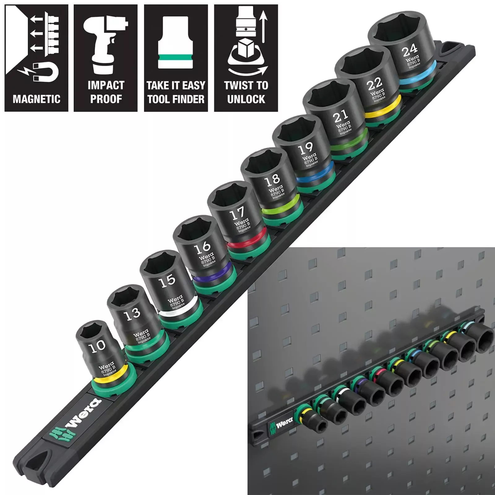 Wera Impact Socket Set 3/8" Drive 10 Piece 9607 Magnetic Rail B Impaktor 1 Metric 10-24mm