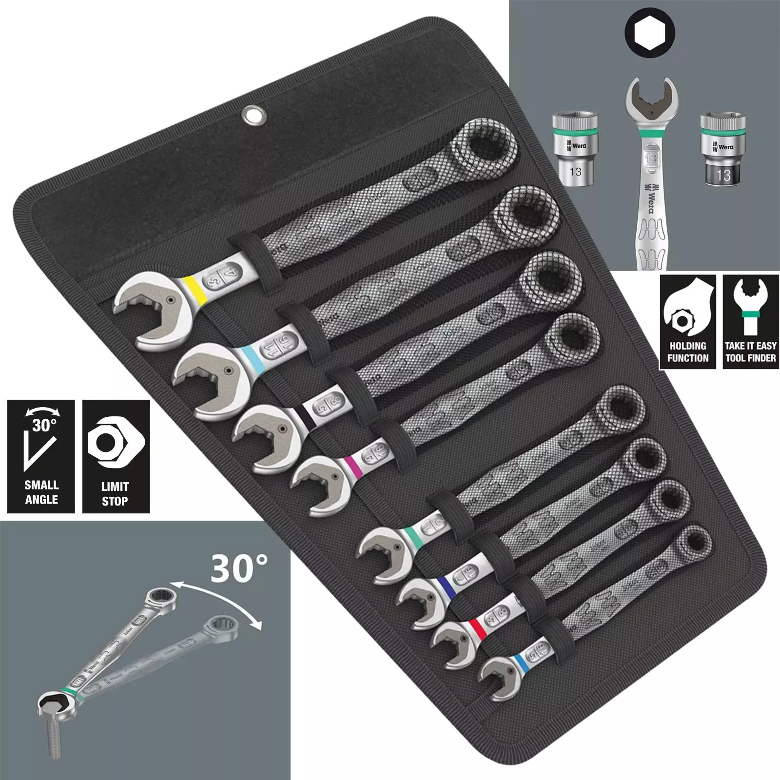 Wera Ratchet Combination Spanner Set 8 Piece 6000 Joker 8 Set 1 Imperial in Pouch 5/16"-3/4