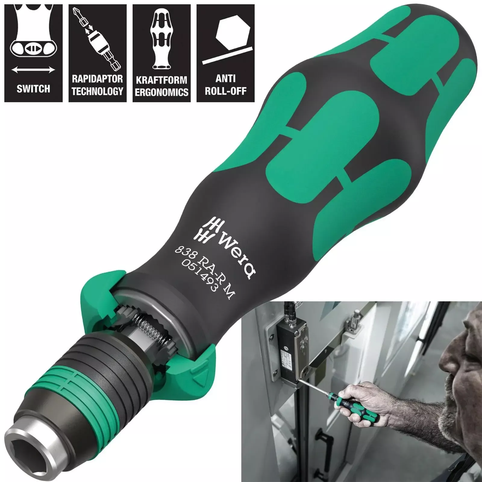 Wera Ratchet Screwdriver 1/4" Hex 838 RA-R M Bitholding Driver Rapidaptor