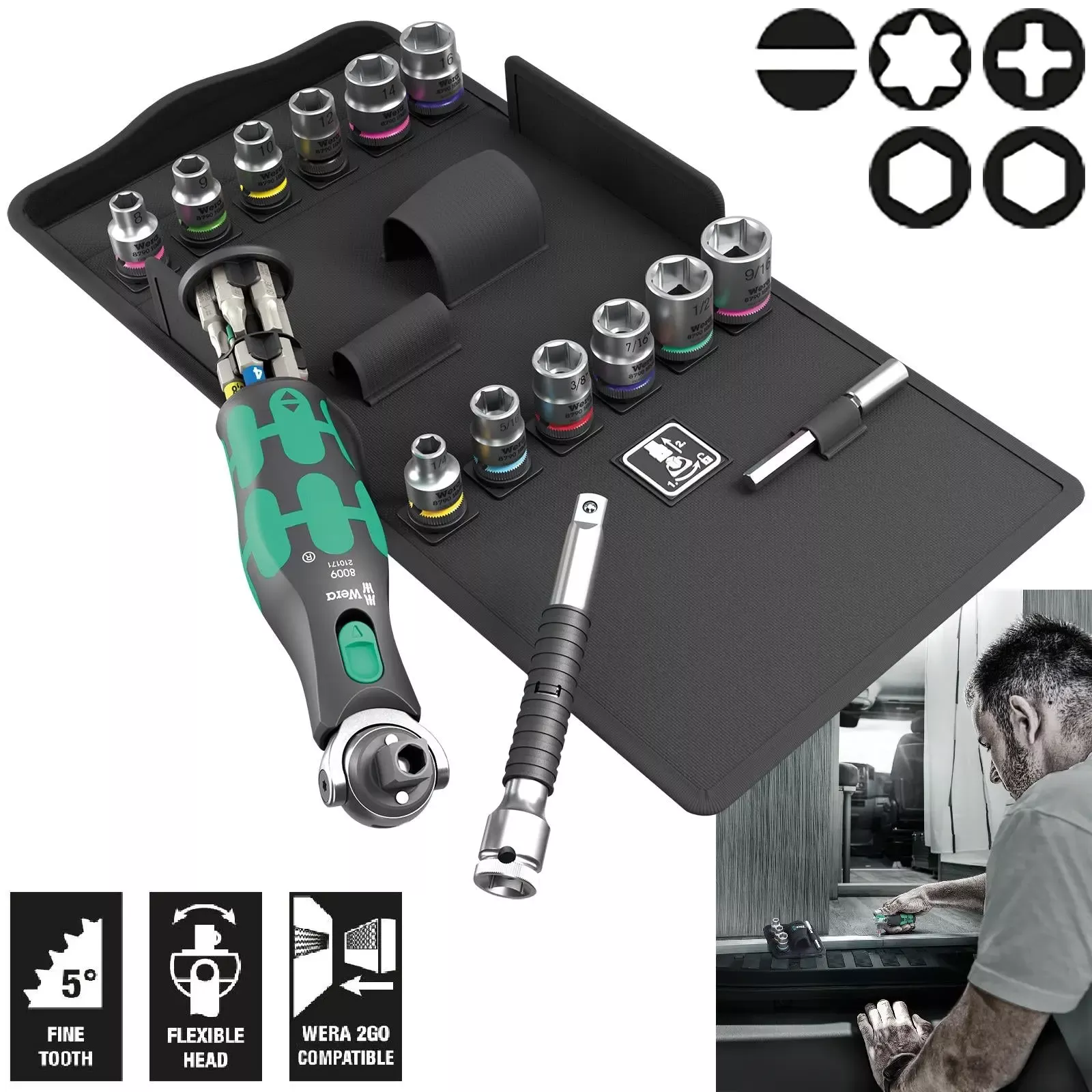 Wera Screwdriver Set 8009 Zyklop Pocket Set 4 Sockets and Bit Kit in Case 27 Pieces