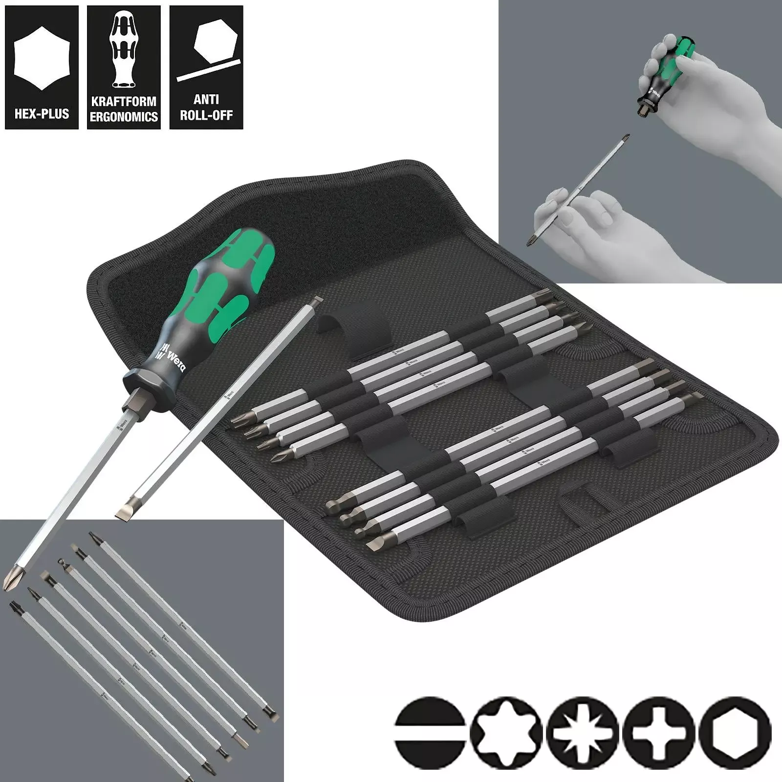 Wera Screwdriver Set 88/1 Vario Set 11 Piece Kraftform Kompakt Handle 175mm Combination Blades