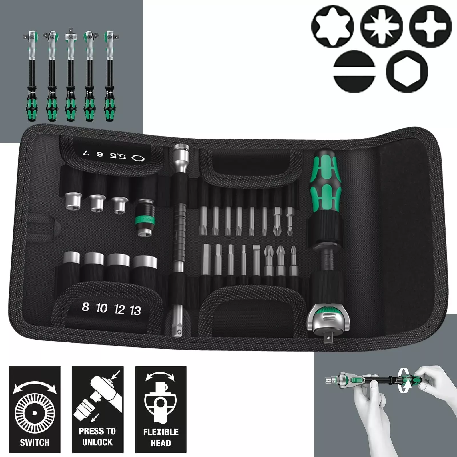 Wera Zyklop Speed Ratchet Socket and Screwdriver Bit Set 1/4" Drive 26 Pieces Kraftform Kompakt