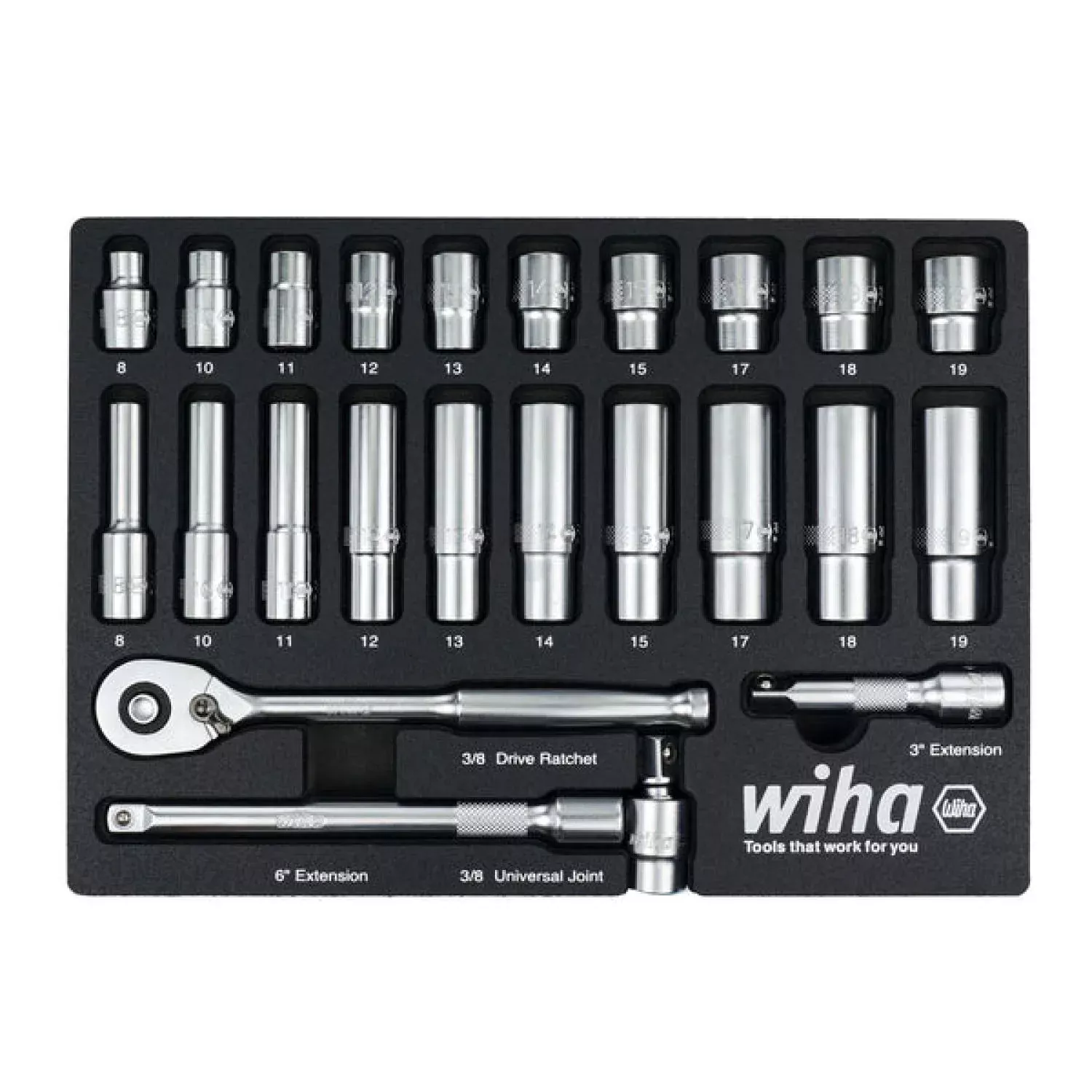 Wiha 33795 24 Piece 3/8” Drive Professional Socket Tray Set - Metric