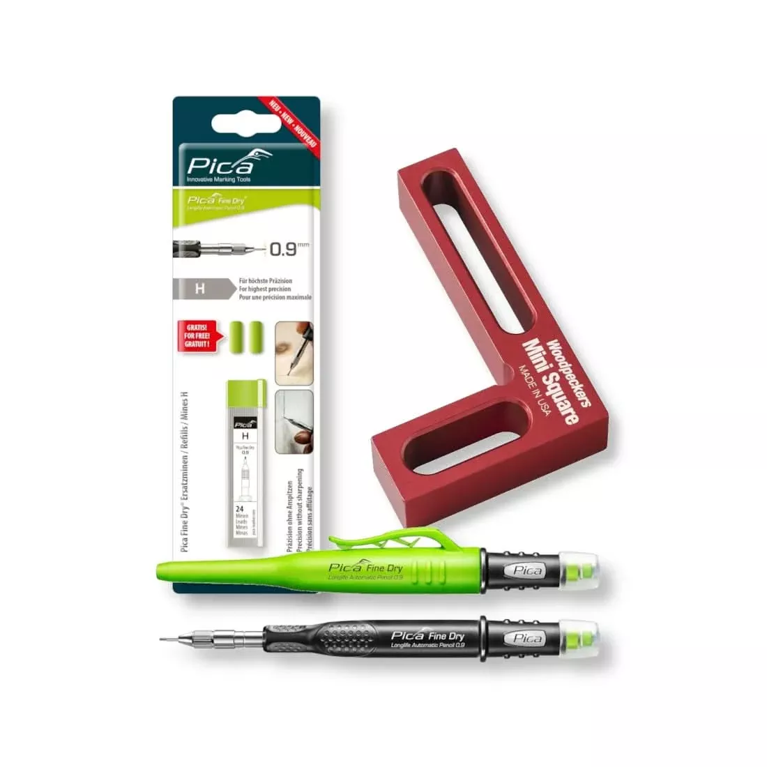 Woodpeckers Mini Square with Pica Fine Dry 7070 Longlife Automatic Pencil and Graphite Lead H SB, 0.9