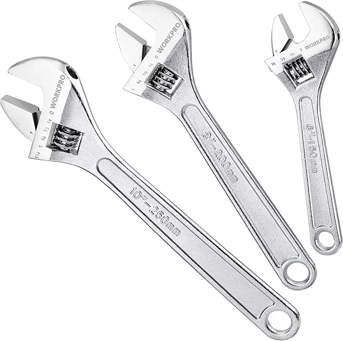 WORKPRO 3-Piece Adjustable Wrench Set, Forged Carbon Steel, Chrome-Plated, SAE & Metric Scale (6-inch, 8-inch, 10-inch)