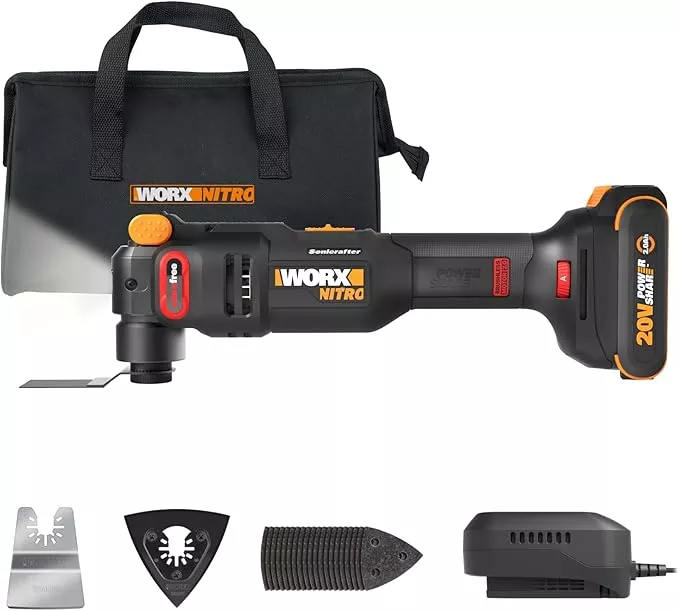 Worx Nitro 20V Cordless Oscillating Multi Tool with 5° Oscillation Angle, VibraFree Technology, Slim-body Design, Tool Only, 23 Pieces Accessories with Carrying Bag, WX698L.9