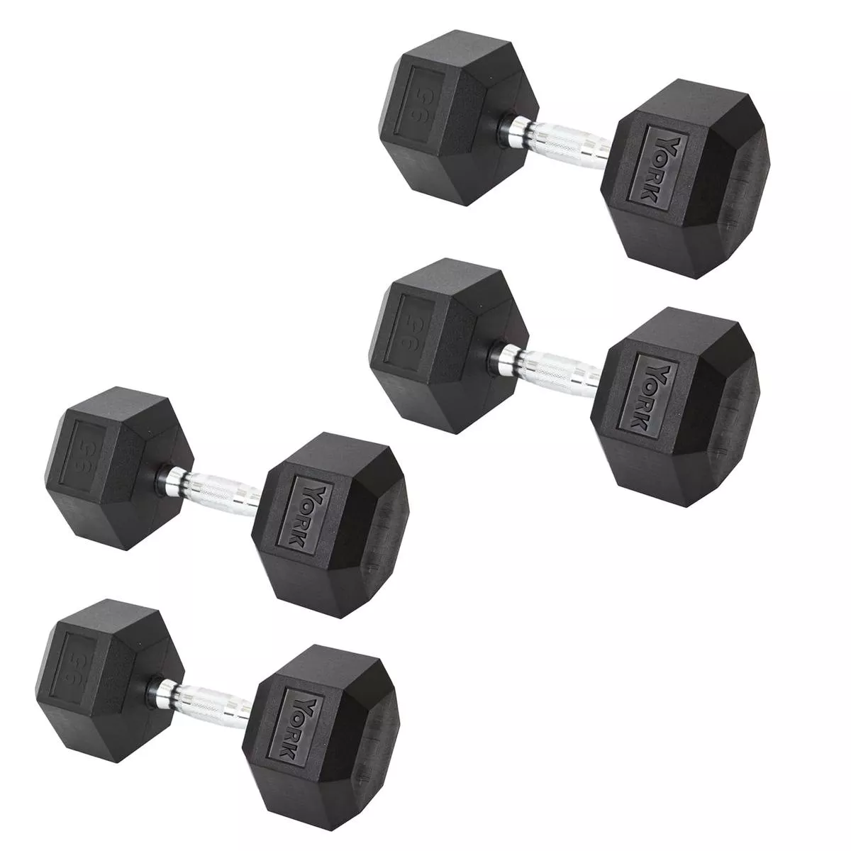 York Barbell Hex Dumbbell Set 95LB Rubber Coated Fixed Weight Dumbbells with Chrome Ergonomic Handle Odorless & Durable for Home Gym Womens Strength Training Full Body Workouts – Pack of 4